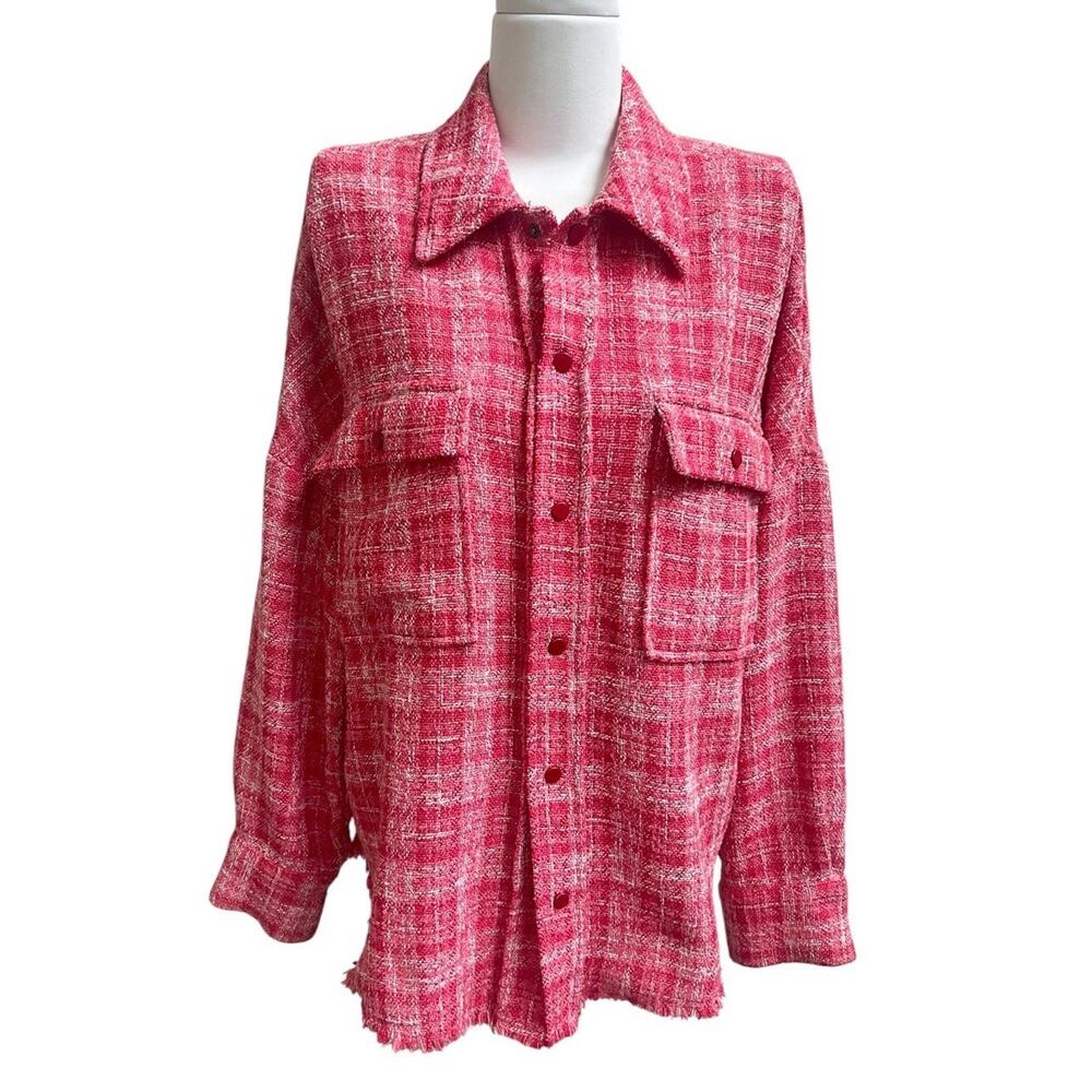 ZARA Red Pink Plaid Tweed Oversized Shacket Snap Button Down Jacket Raw Hem Sz S